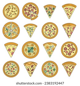 Pizza slice icon set. Outline set of pizza slice vector icons thin line color flat on white