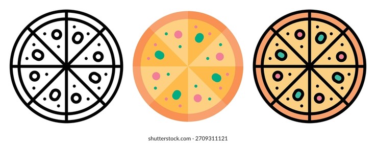Pizza Slice Icon Set em Contorno, Cor e Estilo Plano