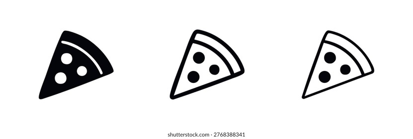 Pizza Slice Icon Set. Vector illustration of delicious fast food in solid, bold outline, and thin line styles.
