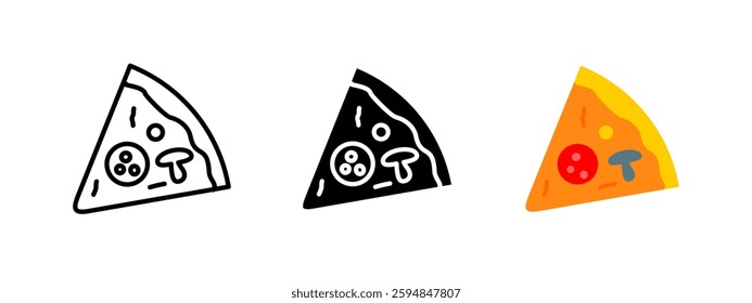 Pizza slice icon. Tasty fast food symbol. Italian cuisine vector illustration. Cheese and pepperoni snack pictogram. Restaurant and meal concept.