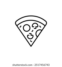 Pizza slice icon. A thin line design of a single pizza slice, perfect for use in food-related apps, pizzeria menus, and culinary websites. Vector illustration