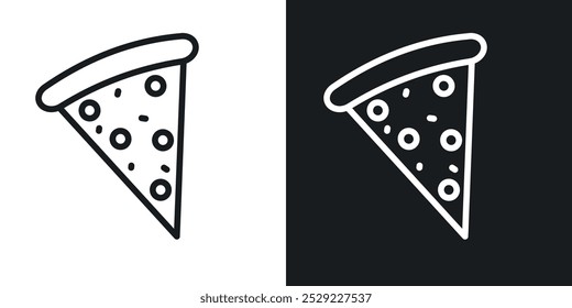Icono de rebanada de pizza en color negro de línea delgada. ilustración de símbolos de Vector simple plano.
