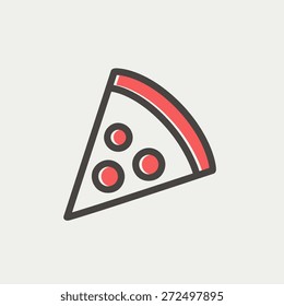 Pizza slice icon thin line for web and mobile, modern minimalistic flat design. Vector icon with dark grey outline and offset colour on light grey background.