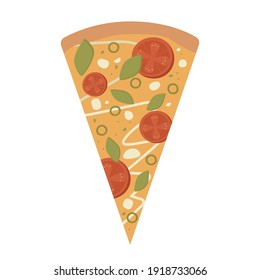 Pizza slice icon. Pizza with tomatoes, basil and mozzarella. Vector illustration isolated on white background.