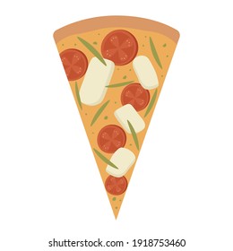 Pizzaschnitt-Symbol Pizza mit Tomaten, Basilikum und Mozzarella. Vektorgrafik einzeln auf weißem Hintergrund.