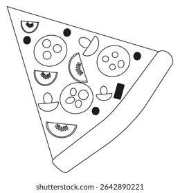 Pizza slice icon. Triangular piece vector. Topping detail shape. Outline food symbol.