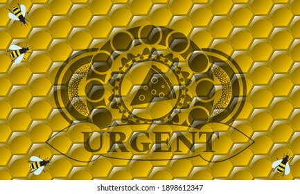 pizza slice icon and Urgent text sweet honey bees realistic badge. beekeeping graceful background. Artistic illustration. 