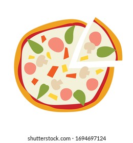 Ilustración vectorial del icono de pizza y porción de pizza. Cocina tradicional italiana. Pizza con queso, tomate, queso, pimienta, salchicha, cebolla, albahaca. Icono de aislamiento dibujado a mano sobre fondo blanco