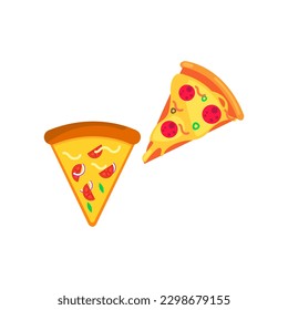 Pizza slice icon vector. Pizza slice with melted cheese. Slice of pepperoni pizza. Vector clip art illustration with simple gradients. Cartoon sticker in comic style with contour.