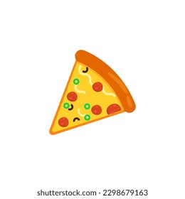 Pizza slice icon vector. Pizza slice with melted cheese. Slice of pepperoni pizza. Vector clip art illustration with simple gradients. Cartoon sticker in comic style with contour.