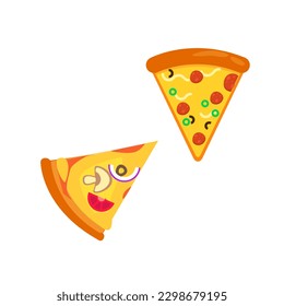 Pizza slice icon vector. Pizza slice with melted cheese. Slice of pepperoni pizza. Vector clip art illustration with simple gradients. Cartoon sticker in comic style with contour.