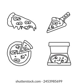 Pizza slice icon, whole pizza. Simple line doodle style.