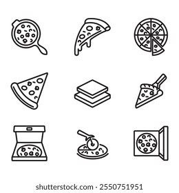 Pizza slice icon, whole pizza. Simple line style.