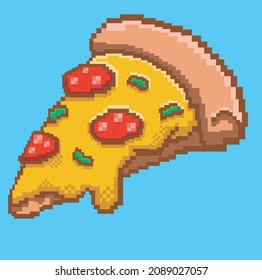 pizza slice icon,fast food pixelart,vector illustration Delicious and tasty pizza in pixel art,8 bit vector art,illustrator files.