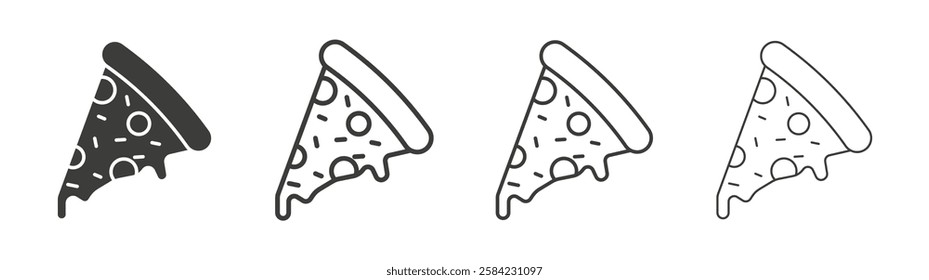 Pizza slice icons set. Liner outlined and flat black color