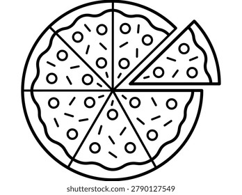 Pizza slice illustration featuring a full pizza with one slice removed ready for use in a menu or design
