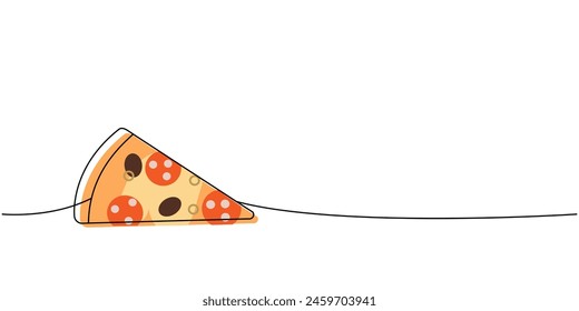 Pizza slice with ingredients one line colored continuous drawing. Traditional italian fast food continuous one line illustration. Vector illustration.