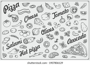 Pizza slice and ingredients. Pizzeria background and design elements. Hand drawn doodles illustration. 