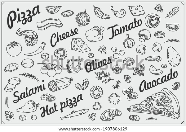 Pizza slice and ingredients. Pizzeria background and design elements. Hand drawn doodles illustration. 