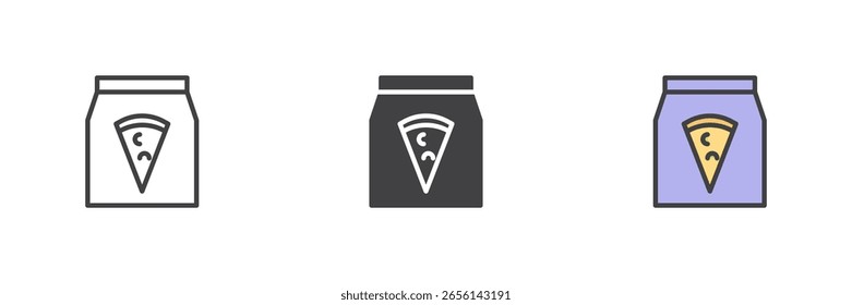 Pizza slice inside delivery box icon set in line, solid and filled outline style. Fast food vector icon and symbol of takeaway meal and Italian cuisine.