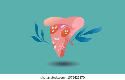 Pizza slice isolated, cartoon character smiling. Sausage instead of eyes. Vector illustration for landing page and social networks.