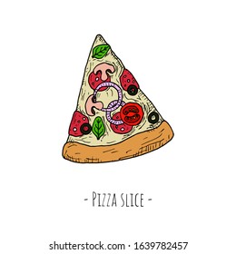 Pizza slice. Isolated object on a white background. Hand-drawn style. Top view. Vector cartoon illustration.