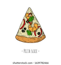Pizza slice. Isolated object on a white background. Hand-drawn style. Top view. Vector cartoon illustration.