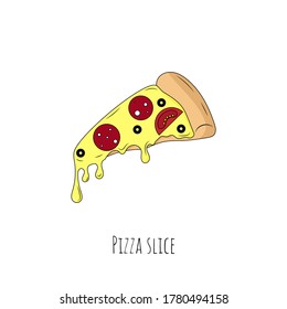 Pizza slice. Isolated object on white. Vector cartoon illustration. Flat design.