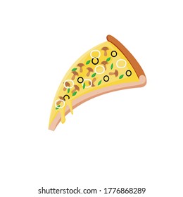 Pizza slice isolated on white. Junk food vector illustration. Mushrooms, onion, olive and basil with cheese.