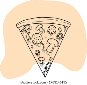 Pizza slice isolated on white background. Hand drawn sketch vector illustration. Pizza slices illustration for postcards, brochures, menus, prints. Pizza with mushrooms, tomatoes,peppers, cheese.