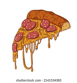 Pizza Slice, isolated vector illustration. Colored sketch drawn illustration of a hot slice of pepperoni pizza with melting cheese. Food cafe, pizzeria logo, signboard, ad banner, menu design element