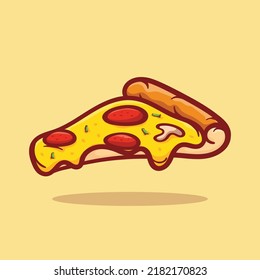 Pizza Slice, isolated vector illustration. Colored sketch drawn illustration of a hot slice of pepperoni pizza with melting cheese. Food cafe, pizzeria logo, signboard, banner, menu design element