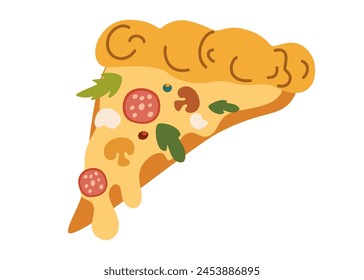 Rebanada de pizza, comida rápida italiana, trozo de corte triangular. Refrigerio con queso fundido de cheddar y mozzarella, salchicha de pepperoni, masa de costra. Ilustración vectorial plana aislada sobre fondo blanco