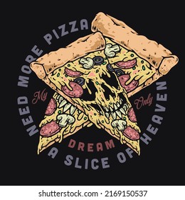Pizza slice label vintage colorful italian appetizer with scary face and cheese for house party and heaven dream vector illustration