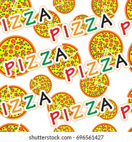 Pizza, slice pizza and lettering text vector seamless pattern.