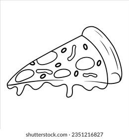 Pizza slice line art on white background. Junk foods. Vector isolated outline drawing. Pizzeria illustration. 