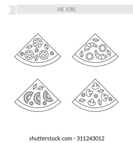 Pizza slice line  icon set. Pepperoni, mushroom, seafood, vegetarian.