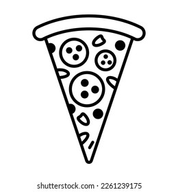 Pizza slice line icon. Single pizza slice illustration. Fast food. Vector isolated on white background.