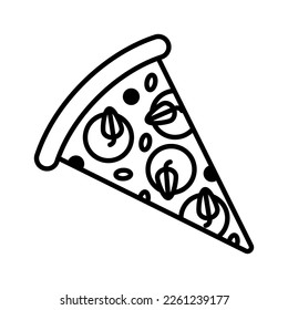 Pizza slice line icon. Single pizza slice illustration. Fast food. Vector isolated on white background.