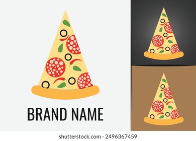 Pizza slice logo. Logotype Fast food Pizzeria cafe delivery. Cheese dripping pizza italian menu logo