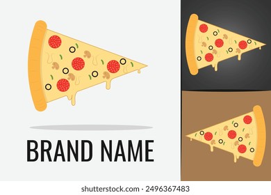 Pizza slice logo. Logotype Fast food Pizzeria cafe delivery. Cheese dripping pizza italian menu logo
