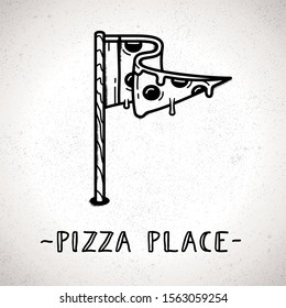 Pizza slice logo pointer with flag design. Pizza place pin on map. Vector hand drawn retro style direction sign