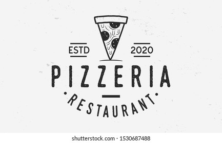 Pizza slice logo template. Vintage emblem, badge, label, poster for pizzeria, restaurant, cafe. Vector illustration.