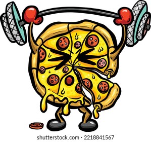 Pizza Slice Mascot Logo Design Cute Character doing Weight Lifting Exercise with Barbell