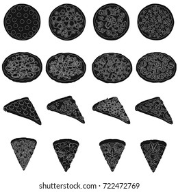 Pizza, slice with meat, cheese and other filling. Different pizza set collection icons in black style vector symbol stock illustration web.
