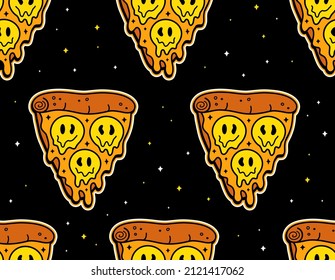 Pizza slice with melt smile seamless pattern,wallpaper art. Vector doodle line cartoon character illustration.Pizza,trippy smile face,acid,smiley psychedelic seamless pattern,background print concept