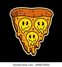 Pizza slice with melt smile smiley face t-shirt print. Vector doodle line cartoon character illustration.Pizza,trippy smile smiley face,acid print on poster, t-shirt,logo concept