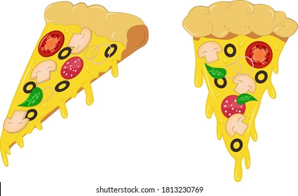 Pizza slice with melted cheese. Cartoon sticker. Design for cafe, menu, restaurant. Vector illustration isolated on white background.