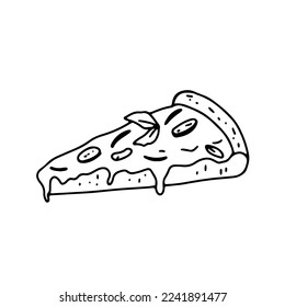 Ropa de pizza con queso fundido. Esbozo de doodles dibujado a mano. Ilustración del contorno vectorial aislada en blanco.