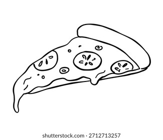 Rebanada de pizza con queso derretido dibujado a mano boceto de Vector doodle. Ilustración de contorno aislado sobre fondo blanco.